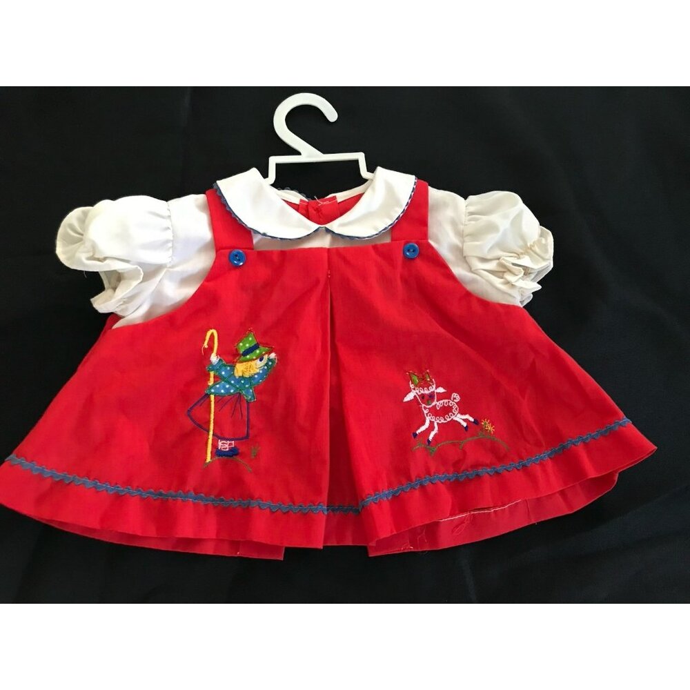 Vintage Baby Girl Red Dress Little Bo Peep Embroidered Puff Sleeve Outfit